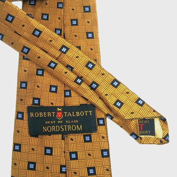 Robert Talbott Men's Silk Necktie Best of Class Gold Blue Squares Geometric USA - Picture 4 of 11